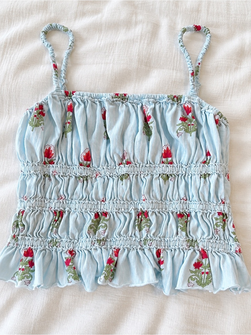 Free People Light Blue Floral Smocked Cami